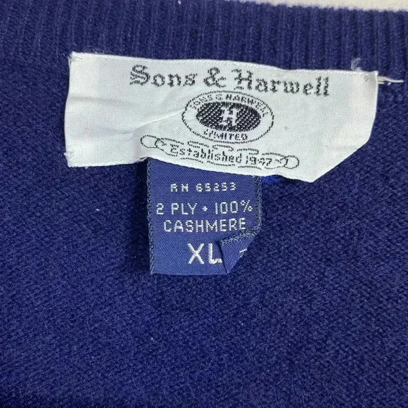 Sons & Harwell 100% Cashmere Vintage Navy Blue Mens V Neck Sweater in Size XL. - Picture 3 of 13